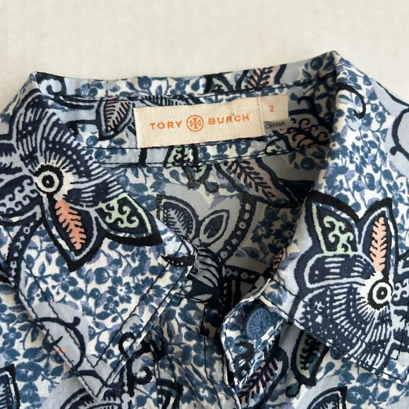 Tory‎ Burch Women’s Blue Printed Cotton Collared Long Sleeve Button Down Top - Picture 8 of 13